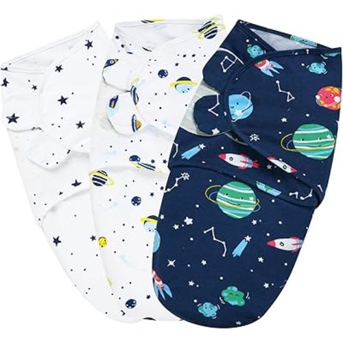 PHF 100% Cotton Baby Swaddle Sleep Sacks for Newborn, 3 Pack Baby Swaddles 0-3 Months for Baby Boys and Girls, Swaddle Sack Easy Adjustable, Baby Swaddle Blanket Wrap, Baby Essentials (Space)