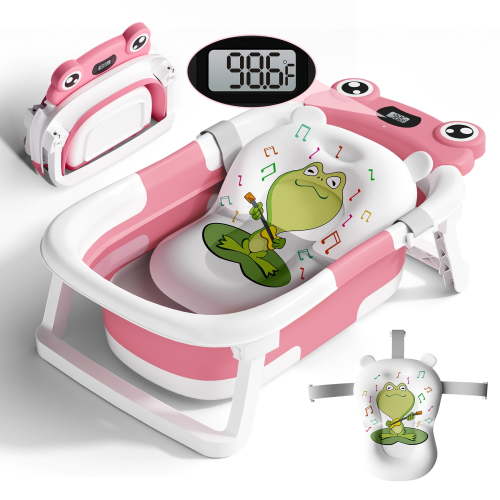 COOSEYA Collapsible Baby Bathtub with Cushion & Thermometer, Portable Bathing Tub for Newborn to Toddler (Frog/Rose Pink)