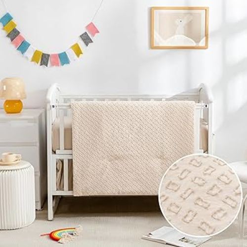 Cokouchyi 3 Peice Crib Bedding Set for Boy Girls, Jacquard Tufted Geometric Crib Set, Includes Crib Skirt, Blanket and Crib Sheet, Crib Baby Bedding, Beige