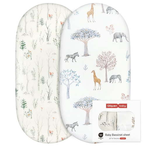 "Gllquen Baby Bassinet Crib Bed Cover Set, Breathable Cozy Fitted for Newborn Boy & Girls 32""x 16"", Forest & Animals"