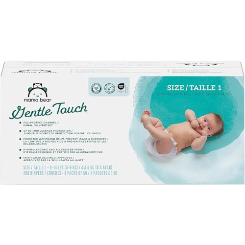 Amazon Brand - Mama Bear Gentle Touch Baby Diapers, Size 1, Leak Protection, Wetness Indicator, Umbilical Cord Cutout, 200 Count (4 packs of 50)