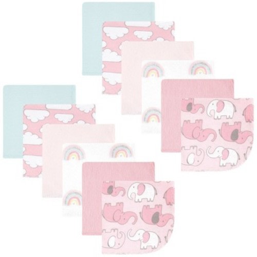 Hudson Baby Infant Girl Flannel Cotton Washcloths, Girl New Elephant 12-Pack, One Size