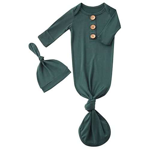Newborn Baby Boys Girls Knotted Gown Hat Set Soft Bamboo Viscose Infant Sleeper Baby Sleep Gown with Mittens