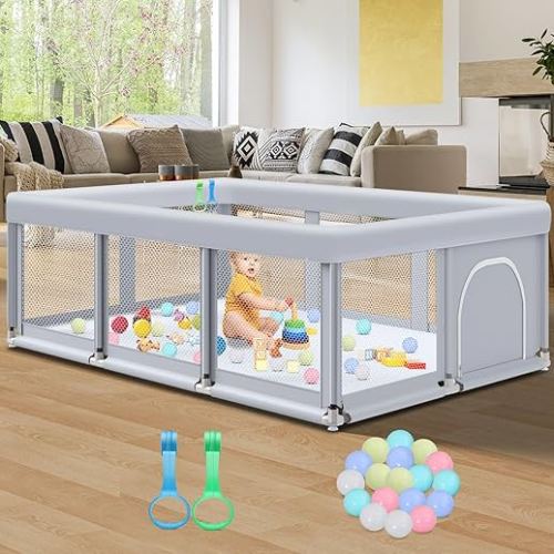 Fshibila 74" ×50" Large Baby Playpen, Baby Playard for Babies and Toddlers, PlayPen for Indoor & Outdoor, Sturdy Safety Play Yard with Soft Breathable Mesh, Anti-Fall, Ball x 18, Handle x 2, Grey