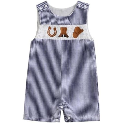 Toddler Western Baby Boy Clothes Horse Riding Embroidery Smocked Jumpsuit Sleeveless Romper Spring Summer Outfit