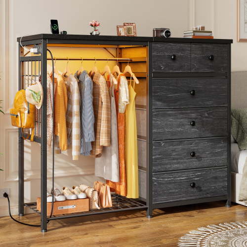 EnHomee Dresser with Clothes Rack 6 Drawer Dresser with Clothing Rack for Hanging Clothes Black Dresser with Fabric Drawers & Charging Station
