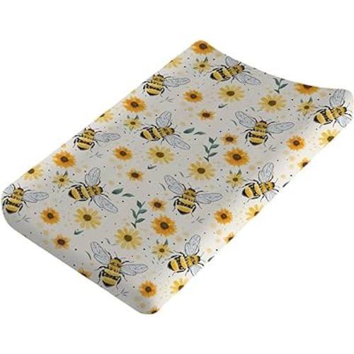 Watercolor Bees Boho Sunflowers Leaves Changing Pad Covers for Baby Boy Girl 32''x16'' Bees Retro Floral Fitted Changing Pad Sheets Bees Soft Baby Diaper Change Table Mats
