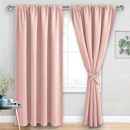 JIUZHEN Blackout Curtains for Bedroom - 60 Inch Extra Wide Thermal Insulated Room Darkening Privacy Soundproof Curtains for Living Room, Set of 2 Panels with Tiebacks, 60 x 84 inches, Blush Pink