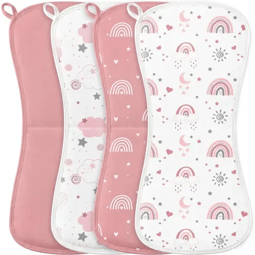 Burp Cloths Baby Girl, Large 21'' X 10'' Cotton Burping Cloths for Babies, Ultra Soft and Absorbent Burp Rags, 4 Pack Set Washcloths Newborn Spit Up Rags Pink Rainbow