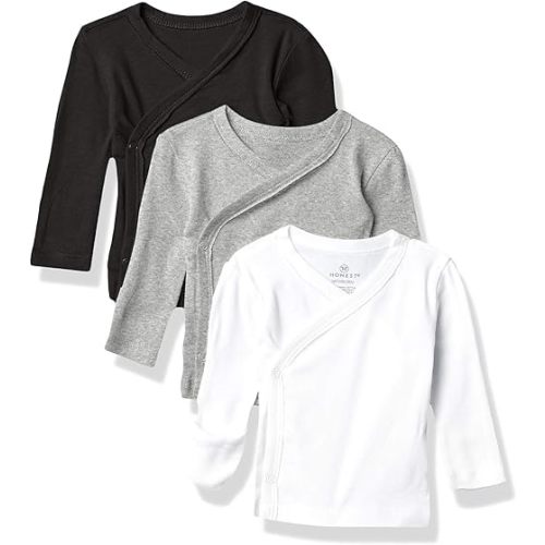 HonestBaby 3-Pack Long Sleeve Side-Snap Kimono Tops Newborn for Infant Boys, Girls, Unisex Baby 100% Organic Cotton