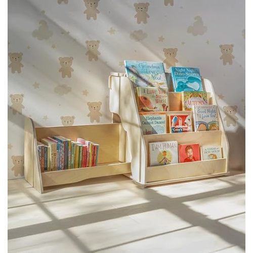 Montessori Bookshelf for Toddlers - Kids Front Facing Book Shelf with Hidden Drawer - Wooden Bookcase, Top Toy Storage Compartment (Left Sided Drawer)