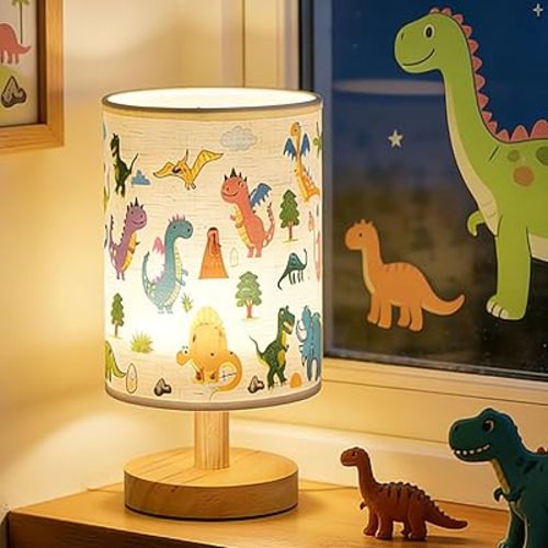 Kids Table Lamp for Bedroom, Dinosaur Room Decor for Boys, 3 Level Dimmable Wood Nightstand Desk Base with Flaxen Fabric Shade for Bedroom Living Room, Dinosaur Gifts for Boys