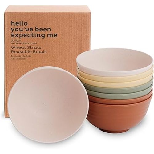 Nook Theory Reusable Wheat Straw Bowls 8 Pcs - 26 Oz Cereal Bowl, Non-Toxic Kids and Toddler Bowl, Microwavable, Dishwasher Safe and Unbreakable Dinnerware (Boho)