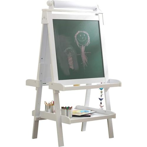 KidKraft Deluxe Wooden Easel with Chalkboard and Dry Erase Surfaces, Paper Roll and Paint Cups - White, Gift for Ages 3+