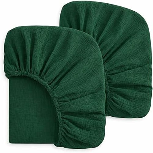2 Pack Emerald Green Muslin Crib Sheets for Boys & Girl- Neutral Breathable Cotton Crib Mattress Sheets Fitted for Standard 28"x 52"- Nursery Décor No Slip Bed Sheets