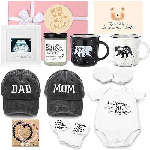 15 Pcs New Mom Gifts for Women Pregnancy Announcement for New Parents Gender Reveal Gifts Bear Mug Decision Coin Baby Socks Bodysuit Set for First Time Mom Expecting Parents to Be Baby Shower