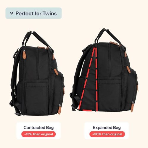 BabbleRoo Extra Large Diaper Bag Backpack, Expandable Baby Bag with Up to 50% More Capacity - Travel Essentials Baby Bag Tote with Changing Pad, Stroller Straps & Pacifier Case - Unisex, Black