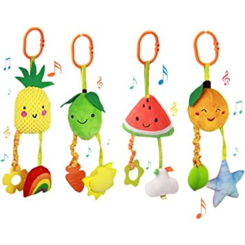 KAKIBLIN Baby Hanging Rattle Toys, 4 Pack Car Seat Stroller Toys Soft Squeaky Toys for Baby Newborn Infant Car Bed Crib Travel Activity, Fruits-A