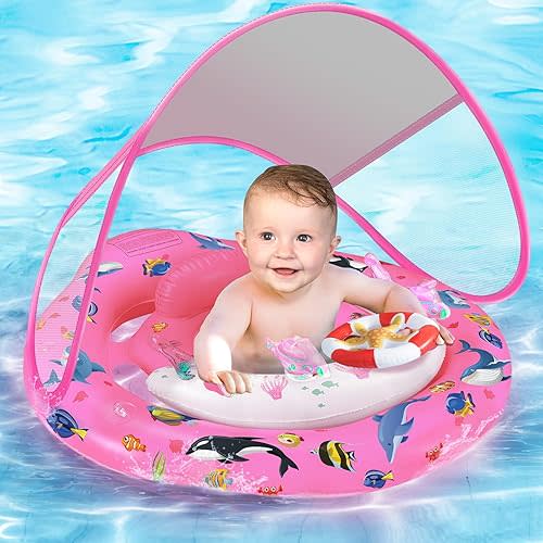 Baby Pool Float with Canopy, Baby Float for 6-36 Months, Baby Swimming Float, Toddler Pool Float with UPF50+ Sun Protection Canopy & Toy Play Console, Adjustable Safety Seat