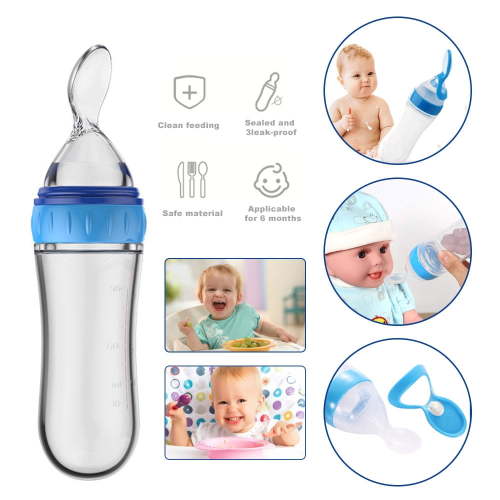 LNKOO Silicone Baby Food Dispensing Spoon - Squeeze Feeder with Spoon - Spoon Bottle for Baby - Baby Spoon Feeder Bottle Baby Solid Food Feeder (3oz/90ml, Ideal for 4 Months+ Babies)