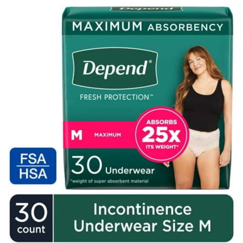 Depend Fresh Protection Incontinence Underwear for Women, Adult Diapers, M, 30 Count