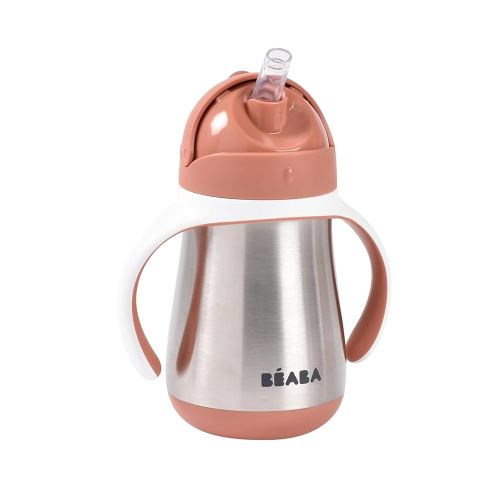 Beaba Stainless Steel Straw Sippy Cup, Insulated Toddler Cups Spill Proof with Removable Handles, Made with High Grade Stainless Steel, 8+ months, 8.5 oz Terracotta