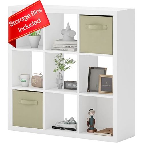 Bookshelf with Storage Bins, 9-Cube Storage Organizer Sturdy Wooden Bookcase Open Book Shelf, Multifunctional Cubicle Rack for Storage & Display, Furniture for Living Room Bedroom Office, White