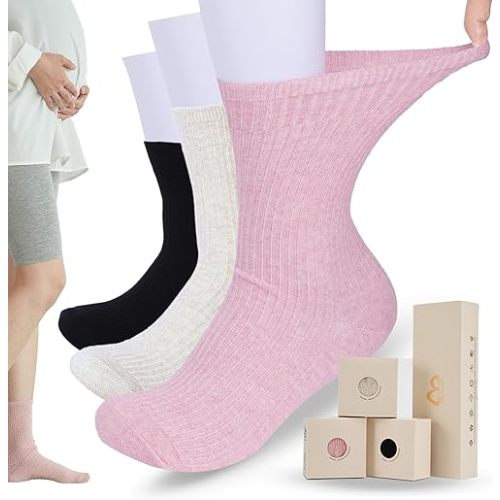 Maternity Socks for Pregnancy, Hospital, Diabetic, Non-Slip, Extra Wide for Swollen Feet, Breathable Cotton, Gift for Expecting Moms, 3-Pack (Beige, Pink, Black)