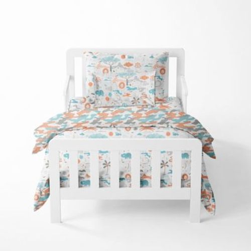 Bacati - Jungle Safari Boys Aqua/orage Muslin 5 Pc Toddler Bedding Set With Dec Pillow