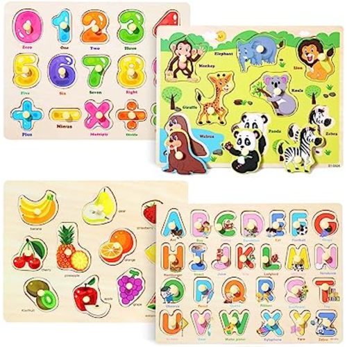 GRINNNIE Wooden Peg Puzzle for Toddlers 2 3 4 Years Old, 4 PCS Montessori Educational Learning Puzzles Set-Numbers, Letters, Animals and Fruits, Great Preschool Gifts for Girls and Boys