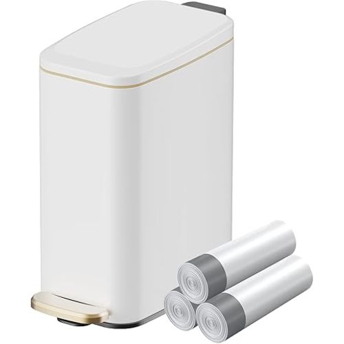 KUK Slim Bathroom Trash Can with Lid, 1.6 Gal / 6L Stainless Steel Small Garbage Bin with Detachable Inner Bucket, Step Pedal, Silent Close, Wastebasket for Toilet, Bedroom, Home, Office (White)
