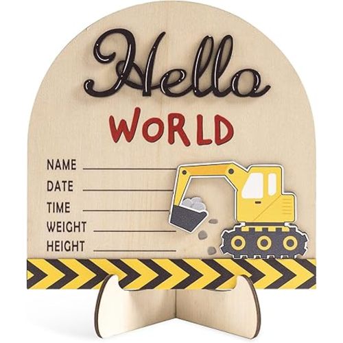 Baby Boy Announcement Sign, 3D Excavator Wooden Hello World Newborn Sign with Stand, Construction Decor Nursery Name Board, Welcome Birth Decorations for Hospital Baby Shower Photo Prop Gift