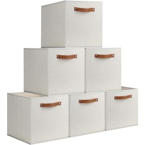 11"x 11" Large Storage Cubes, 6 Pack Collapsible Cube Storage Bins With Handles for Organizing, Beige Fabric Closet Organizers Box for Playroom, Office, Dorm Home Organization and Storage