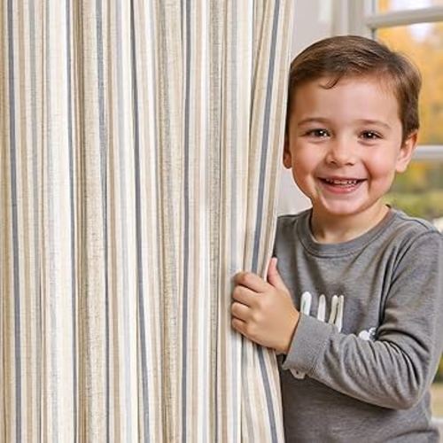 jinchan Colorful Linen Curtains for Nursery Living Room Multi Blue on Beige Striped Curtains for Bedroom Cute Ticking Stripe Farmhouse Baby Boys Kids Room Light Filtering Grommet 2 Panels 84 inch