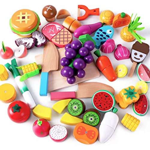 iPlay, iLearn Wooden Play Food Toy, Kids Wood Cutting Magnetic Fruit Vegetables, Toddler Cooking Pretend Play Kitchen Food Set, Montessori Educational Birthday Gift for Age 3 4 5 6 7 Year Old Girl Boy