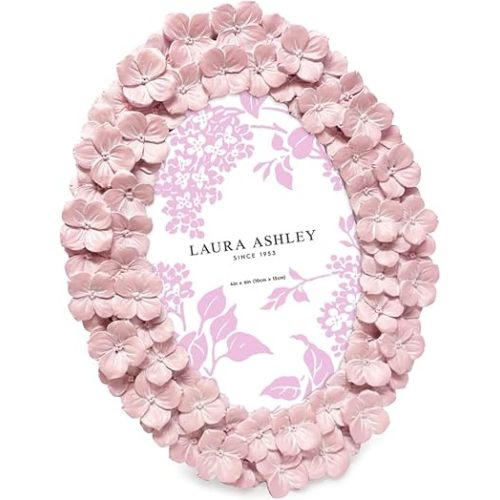 Laura Ashley 4x6 Blush Hydrangea Flower Textured Hand-Crafted Resin Oval Picture Frame with Easel & Hook, Tabletop & Wall Display, Decorative Floral Design Home Décor, Art, Photo Gallery (4x6, Blush)