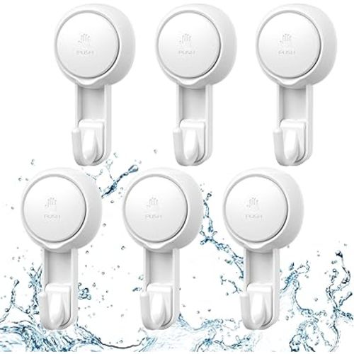 Marchpower Suction Cup Hooks for Shower, 6-Pack Powerful Hook Heavy Duty Reusable Loofah Hook Waterproof Vacuum Suction Holder, Strong Wall Hanger for Bathroom, Kitchen, Towel, Robe, Window,Glass Door