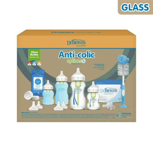 Dr. Brown's Anti-Colic Options+ Wide-Neck Glass Baby Bottle & HappyPaci Starter Set, BPA Free, 0m+