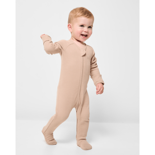 Baby Organic Cotton Waffle Zip Coverall - Teddy Brown