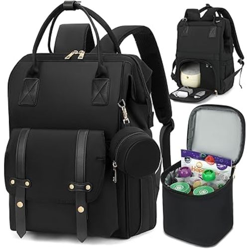Breast Pump Backpack & Diaper Bag with Cooler, Fits Spectra S1 S2 Medela, Pumping Bag for Work, Fits 15.6" Laptop, 15 Pockets, Reinforced Zippers, Pacifier Case, Stroller Straps, Black