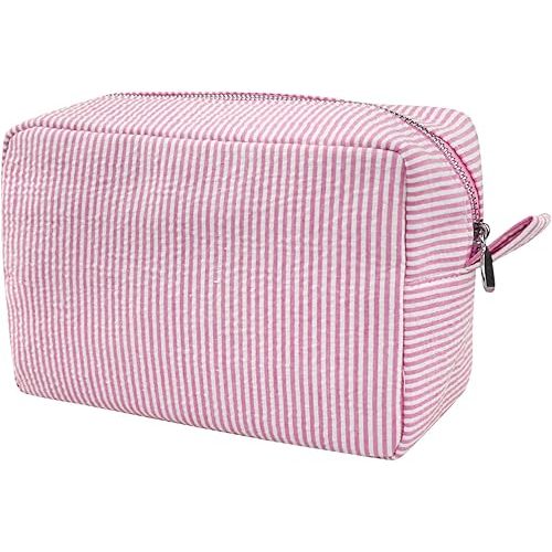 GFU Cosmetic Bag for Women, Large Makeup Bag, Travel Toiletry Stripe Cosmetic Bag, Seersucker Women Aesthetic Organizer Storage Pouch, Girls Handbags Purses (Pink)