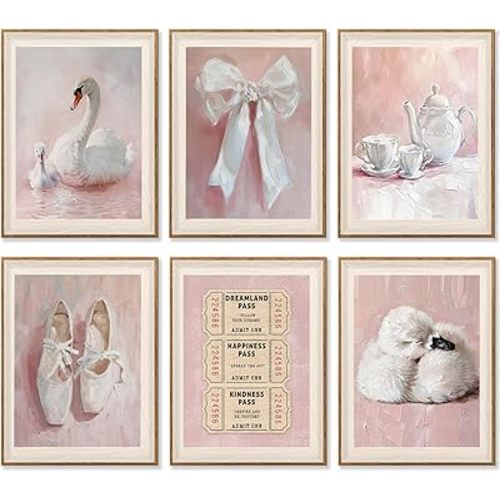 6Pcs Pink Vintage Swan Nursery Wall Art Ballerina Shoes and Bow Painting Picture Wall Decor Retro Tickets and Coffee Cups Preppy Posters Prints Artwork for Girls Room Gallery Dorm Apartment Kids Room