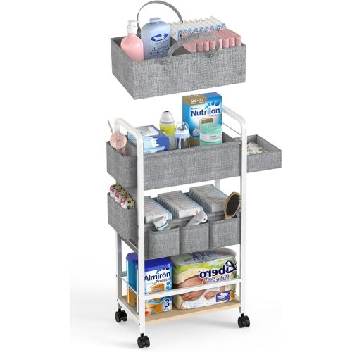 2In1 Diaper Caddy & 4-Tier Rolling Diaper Cart, Diaper Caddy Organizer Cart with Dividers & Drawer, Mobile Metal Bedside Cart for Baby Nursery Essentials Storage, Large Capacity, White