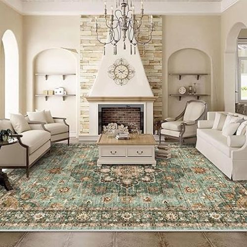 TOPRUUG Washable Oriental Area Rug - 10x12 Rugs for Living Room Soft Carpet for Bedroom Waterproof Floral Distressed Indoor Stain Resistant Non-Shedding Floor Carpets (Green, 10x12)