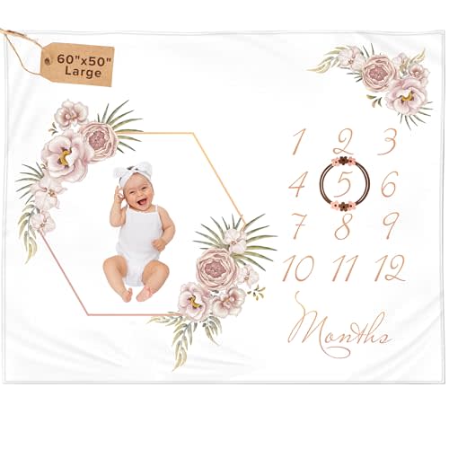 Monthly Baby Milestone Blanket 60"x50" - Elegant Boho Floral Design with Felt Frame - Track Your Baby's Monthly Growth - Perfect Gender Neutral Gift for New Parents - Personalized Baby Blanket
