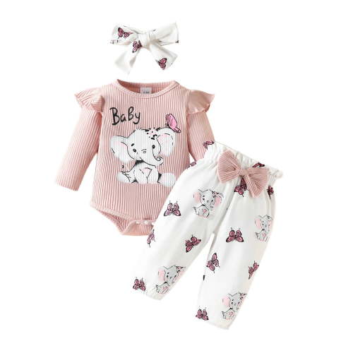 Durtebeua Baby Girl Outfits Girls Clothing Set 3 Pcs Floral Soft Crewneck Long Sleeve Top + Leggings Loose Outfits With Bowknot Red,0-3 Months
