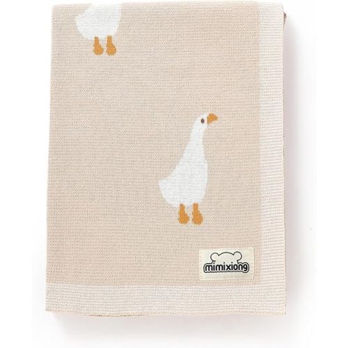 mimixiong Baby Blanket Knit Receiving Boys Girls Blanket Soft Cotton Neutral Blanke for Swaddle Crib Stroller with Cute Goose Beige 30x40 Inch