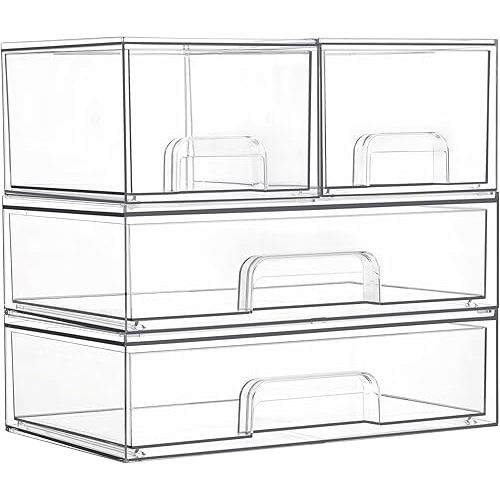 Vtopmart Stackable Storage Drawers Set of 4, Clear Plastic Organizer Bins for Bathroom Supplies,Ideal for Cabinet,Pantry,Laundry Room Organization