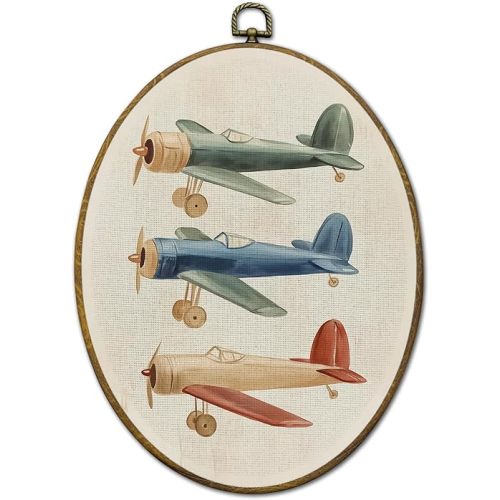 QZQE Airplane Boy Nursery Oval Wall Art Decor Framed, Retro Aviation Oval Canvas Prints, Aviation Plane Wall Hanging Decor for Kids Boy Nursery Toddler Room Bedroom Playroom, 8.6x11.4 Inch