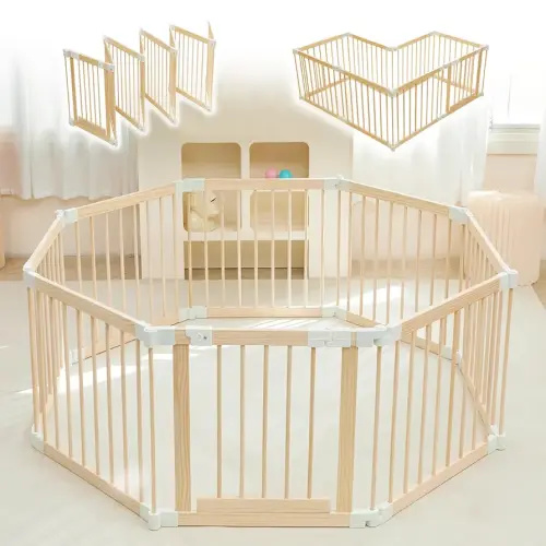 Baby Playpen, Playpen for Babies and Toddlers, Foldable Wooden Play Yard with Gate, Adjustable Baby Activity Center with Child Proof Lock, Fence Play Area for Toddlers 1-3(56 * 56 * 24inches)